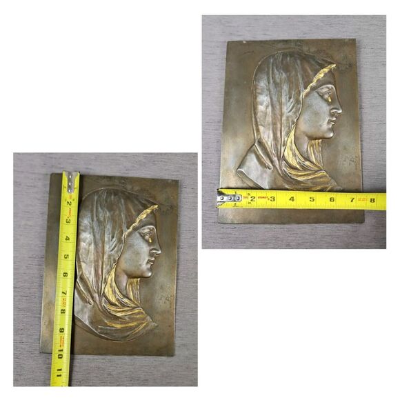 Holy Mother Mary and Jesus Bronze Plaque Set French Catholic Religious Wall Icon - Picture 2 of 11